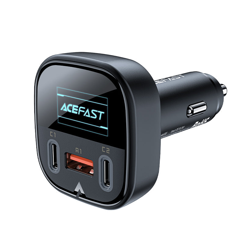 ACEFAST B5 101W 3 Ports (2 USB-C+USB-A QC3.0) Metal Car Charger With OLED Smart Display ONE2WORLD 