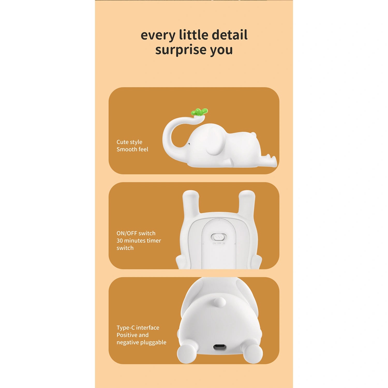 IDMIX Cute Small Flying Elephant Nightlight, LED Squishy Duck Lamp, Silicone Dimmable Nursery Patting Light, Rechargeable Bedside Touch Lamp Indoor Office Home