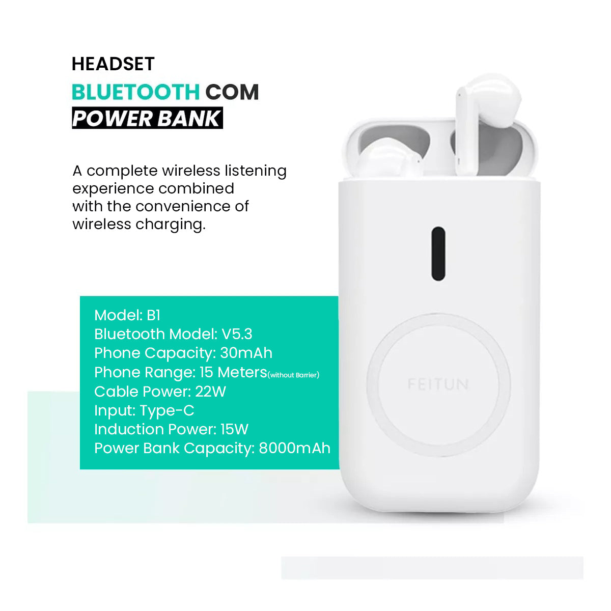 O2W SELECTION FEITUN B1, 3 in 1 Wireless Earphone, Wirelss Charging Powerbank 8000mAh