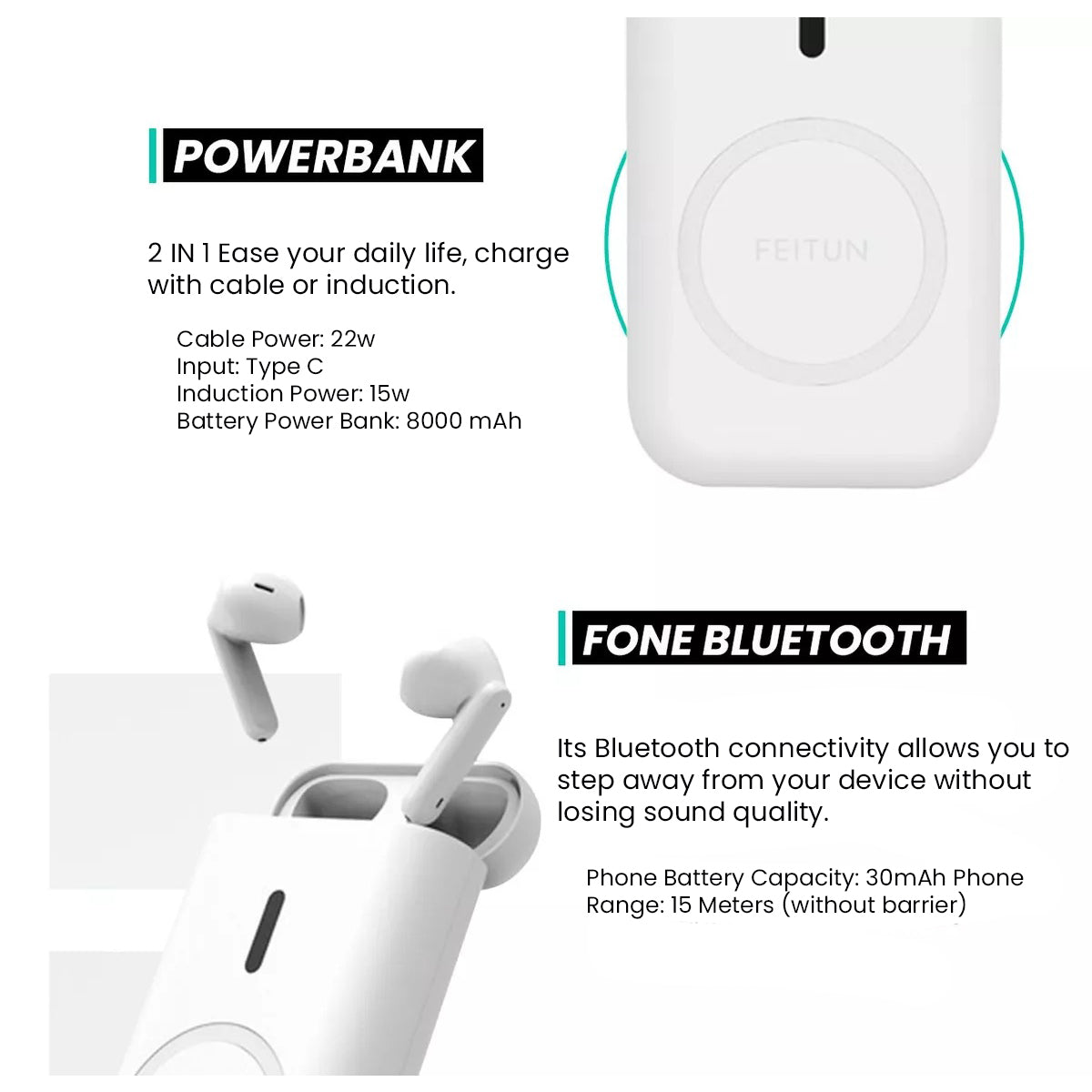 O2W SELECTION FEITUN B1, 3 in 1 Wireless Earphone, Wirelss Charging Powerbank 8000mAh