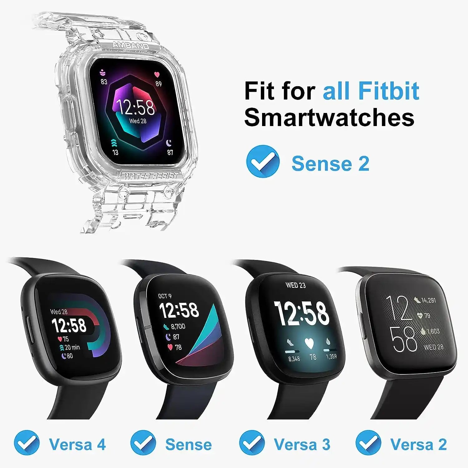 amBand FitBit Series Case with Band for Fitbit Versa 4/3/2/1/Lite/Sense, Clear