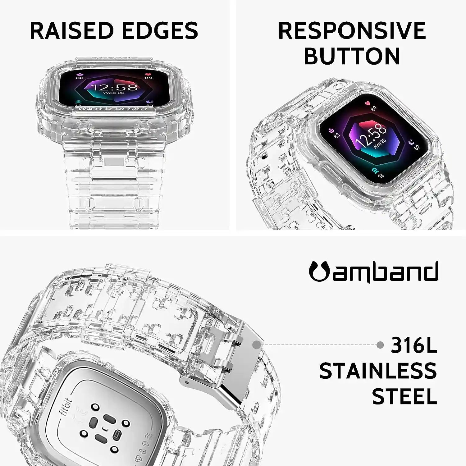 amBand FitBit Series Case with Band for Fitbit Versa 4/3/2/1/Lite/Sense, Clear