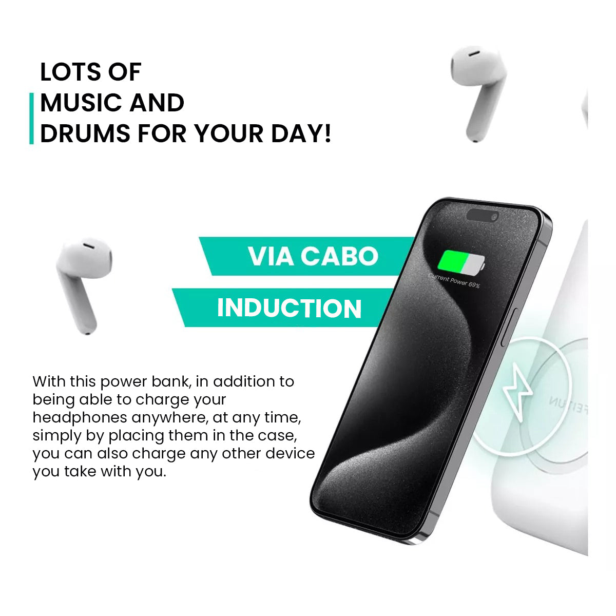 O2W SELECTION FEITUN B1, 3 in 1 Wireless Earphone, Wirelss Charging Powerbank 8000mAh