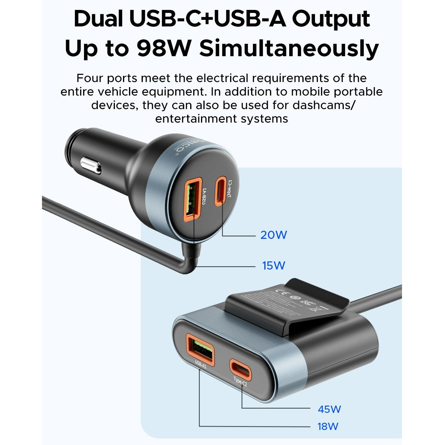 ORICO CC-98AC 98W Car-Mounted Charger 2A2C, Black