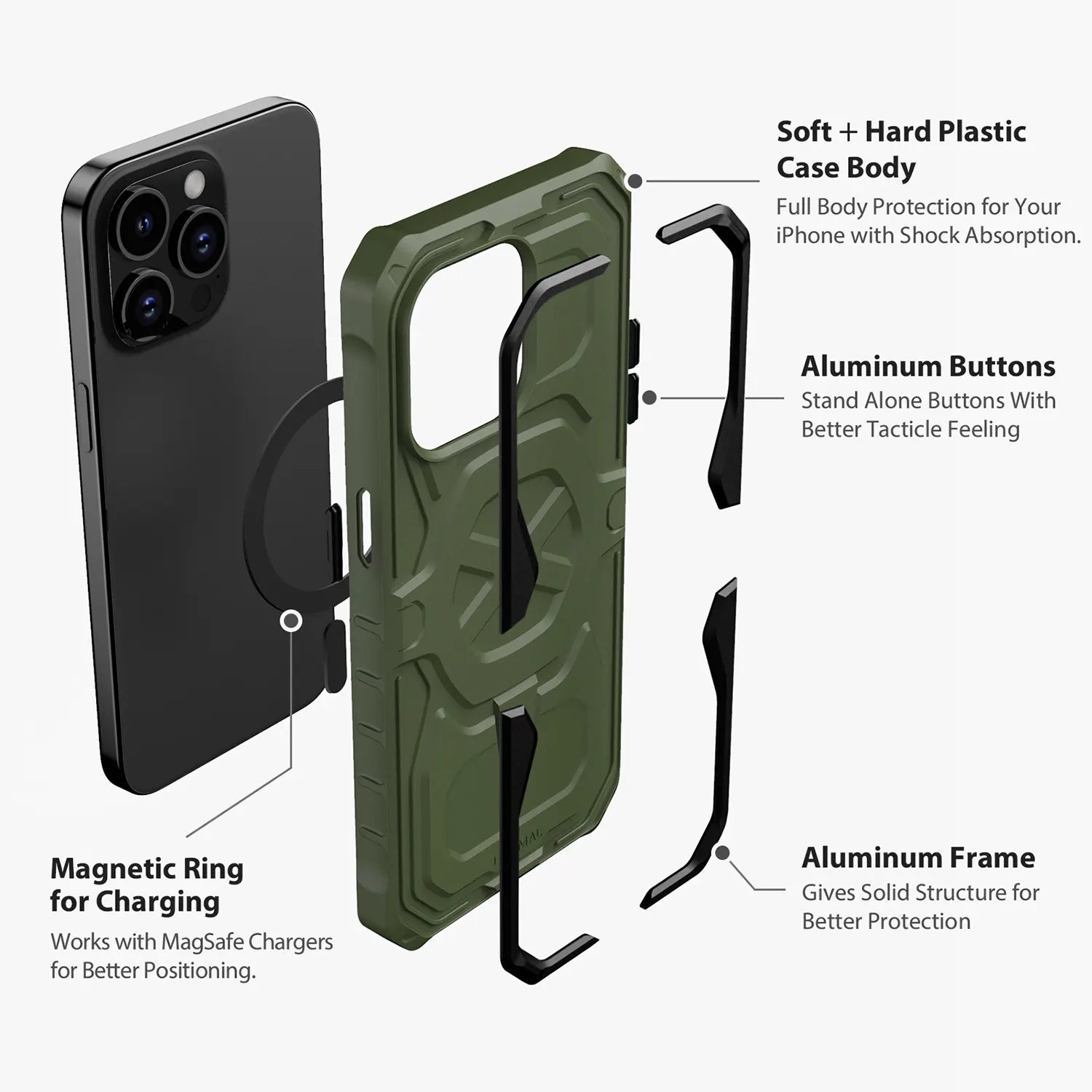 ULTIMAL Aluminium Alloy Slim Shockproof Drop Protection Bumper Case Compatible with Magsafe, Rugged Military Cover with Lightweight Sporty Design Case for iPhone 15 Pro Max 6.7"