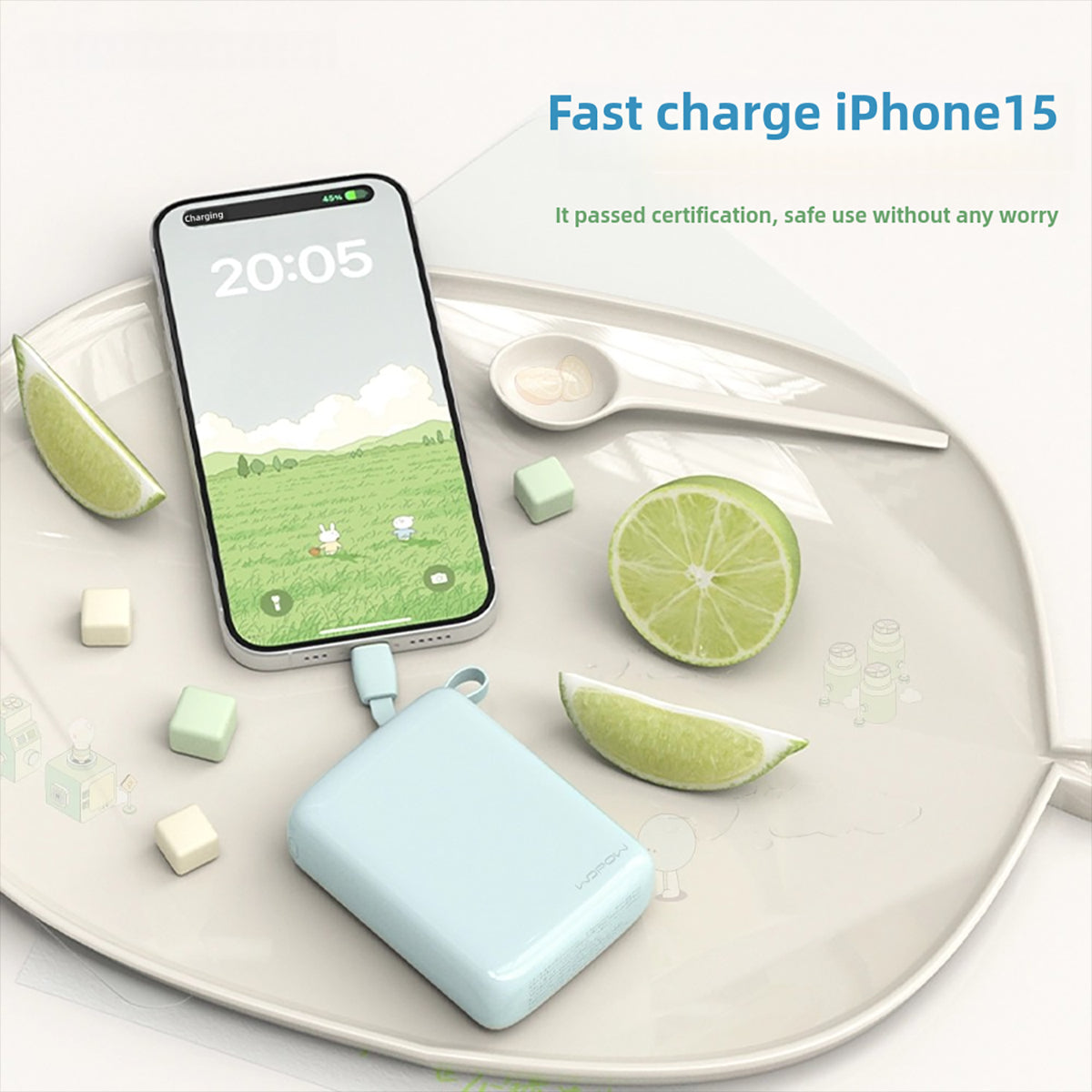 WOPOW SQ67 Sugar Cube Series Portable Powerbank 20000mah with Type C Built-in Cable