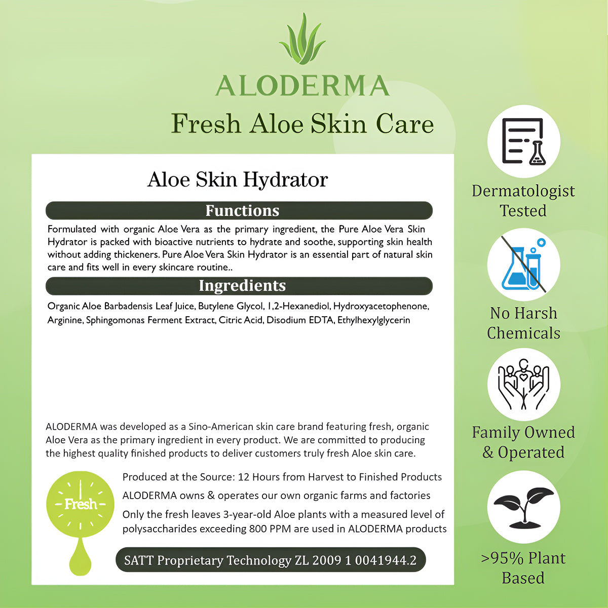 ALODERMA Pure Aloe Vera Skin Hydrator 99.8% Organic Aloe Vera,240ml