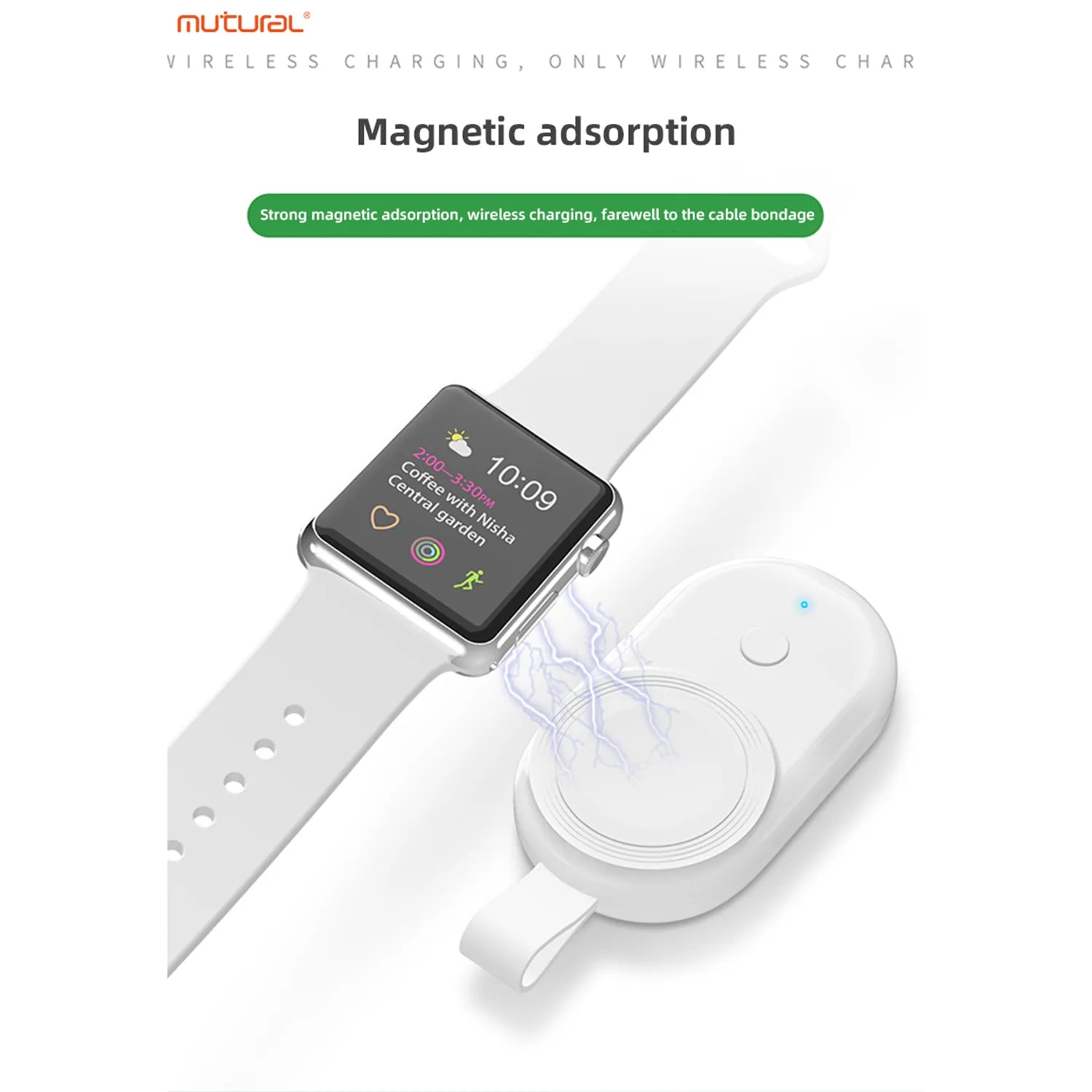Mutural Apple Watch Charger with 1100mAh Battery, Lightning Input, White