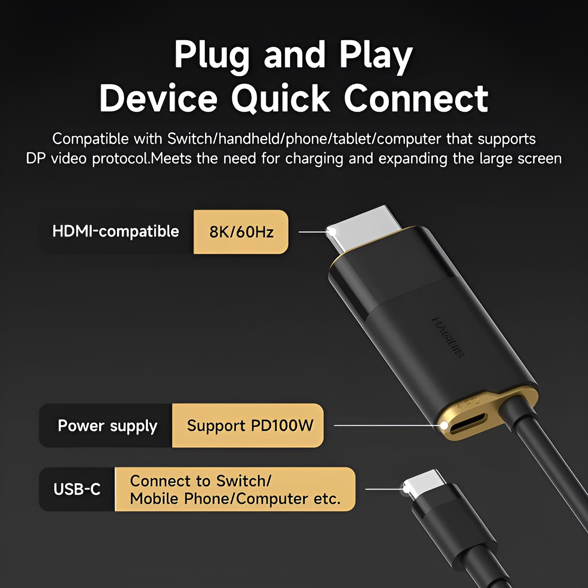 HAGiBiS SWC10 8K 60Hz USB-C to HDMI Cable, Black