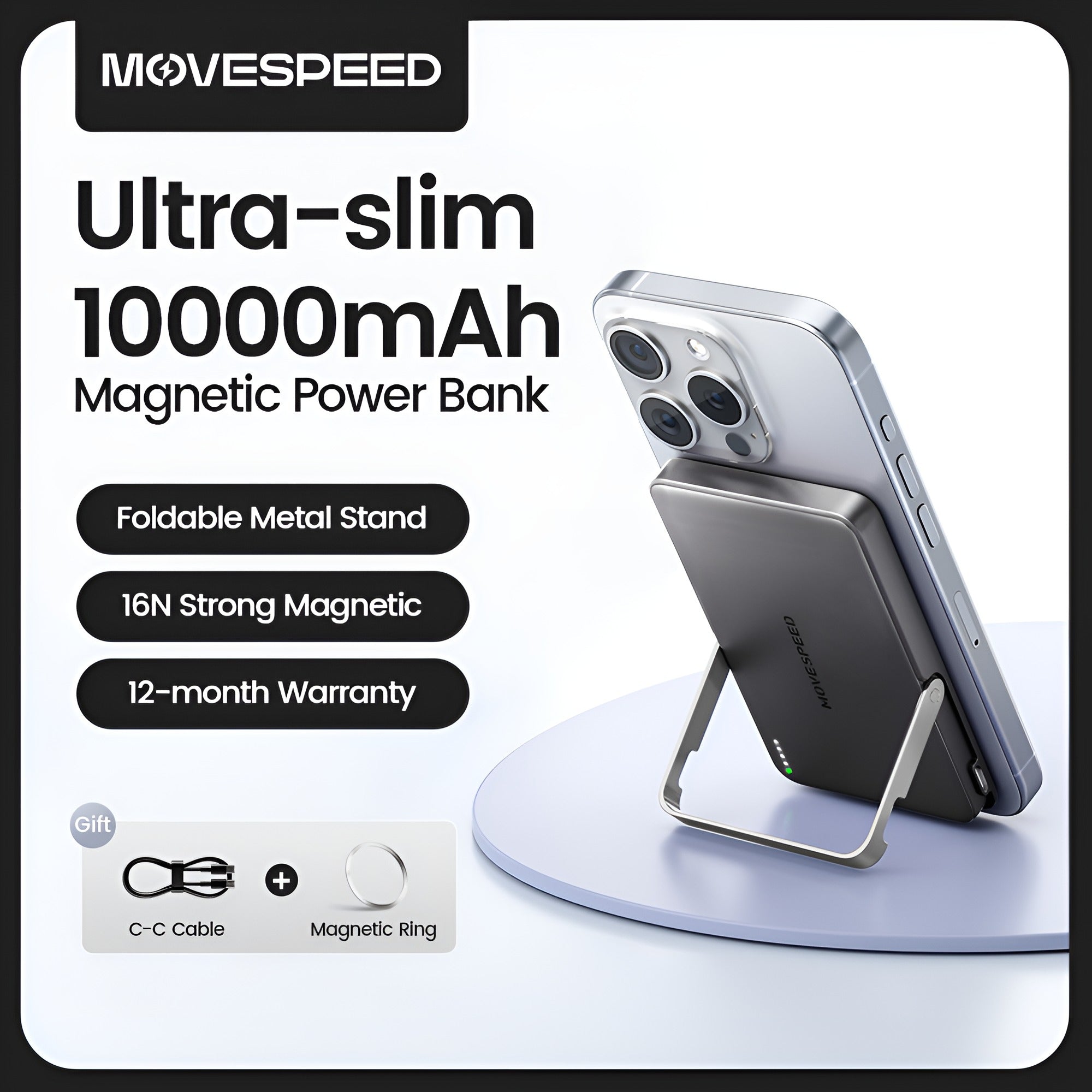 Movespeed PBS10Pro 10000mAh Magnetic Wireless Power Bank with Foldable Stand, 20W Fast Charging & 7.5W Wireless for iPhone