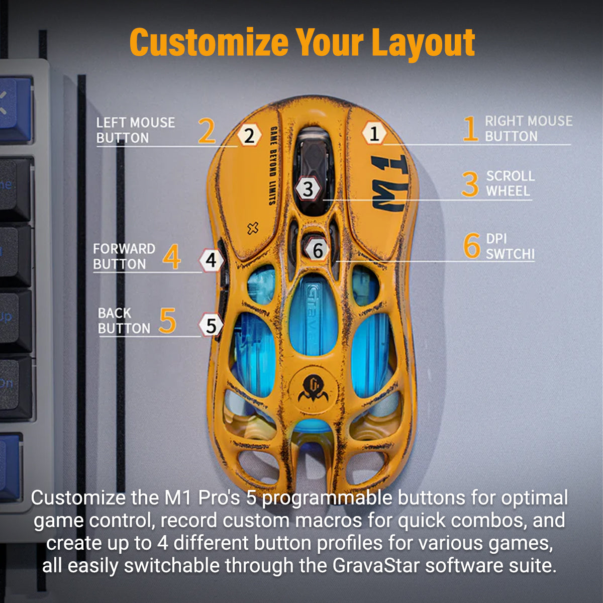 GravaStar Mercury M1 Pro Wireless Gaming Mouse - Battle-Worn Version Yellow + 4K Dongle