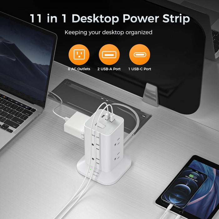 O2W SELECTION TESSAN 11-in-1 Power Strip Tower with 8 AC Outlets 3 USB Ports, White