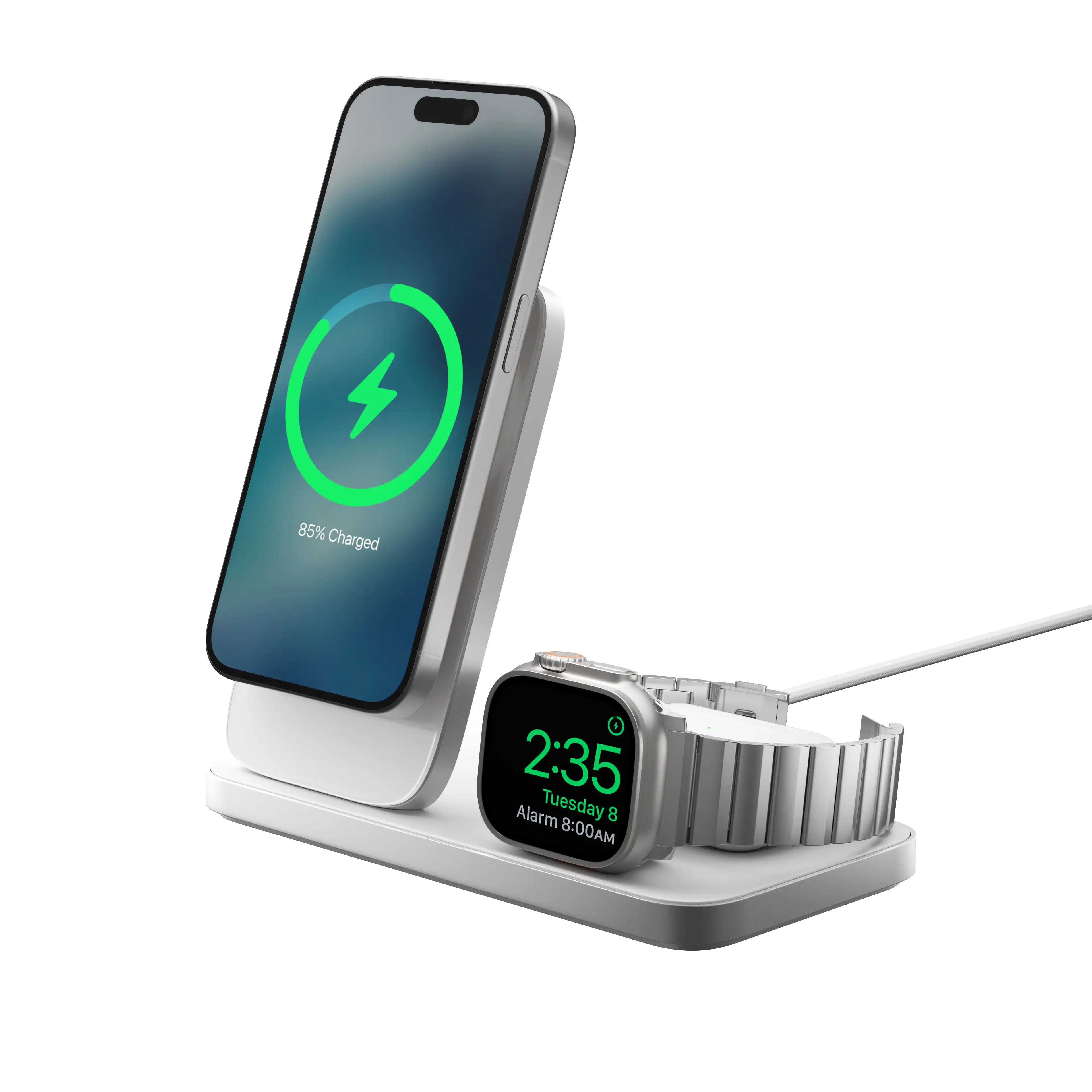 NOMAD Stand One Max 3-in-1 Official MFi MagSafe Wireless Magnetic Fast Charging Desktop Charger Dock Stand Charging Station for iPhone, Apple Watch, and AirPods. Solid Metal & Glass Design