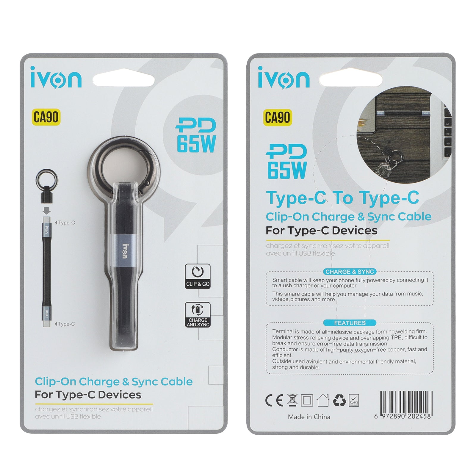 O2W SELECTION IVON CA90 Mini Cable 65w Type-C To C with Key Ring, Black