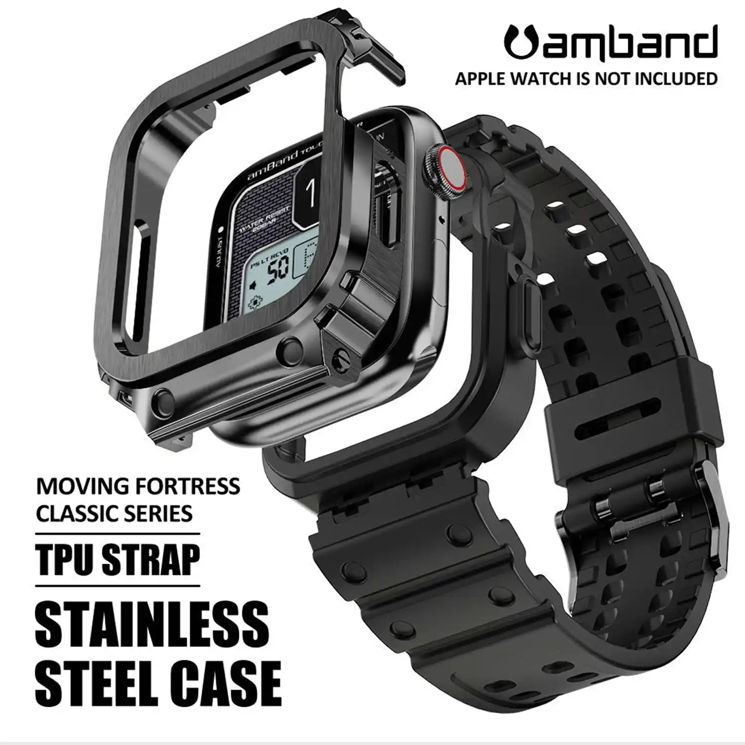 amBand Moving Fortress - Classic Series Stainless Steel Case with TPU Band for Apple Watch 45mm