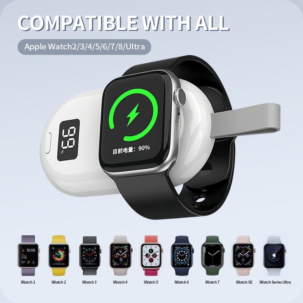 Apple Watch Wireless Charger with 1100mAh/2500mAh Battery for Apple Watch Ultra/Ultra 2 and Series 9/8/7/6/5/4/3/2/1/SE Power Bank For Apple Watch Wireless Magnetic Battery Pack