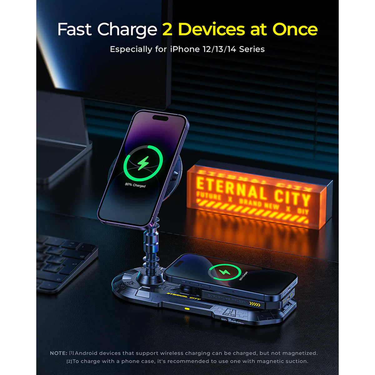 AOHI Future Eternal City 2in1 Wireless Charger Magnetic Power Bank Charging Station for Apple iPhone Cyberpunk Diy Assembled Toy