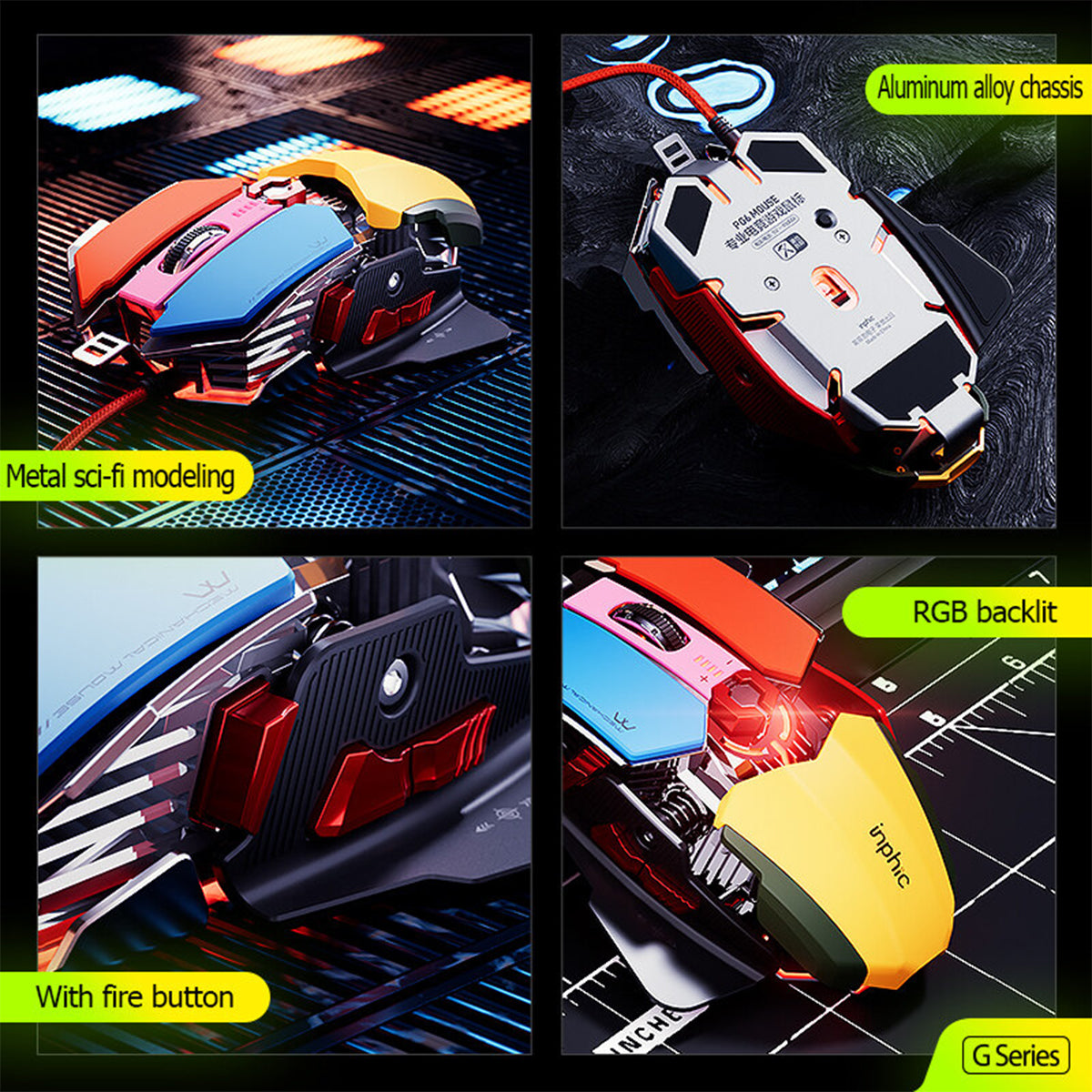 O2W SELECTION INPHIC PG6 Sci-Fi Mechanical Colorful Gaming Mouse, Colourful