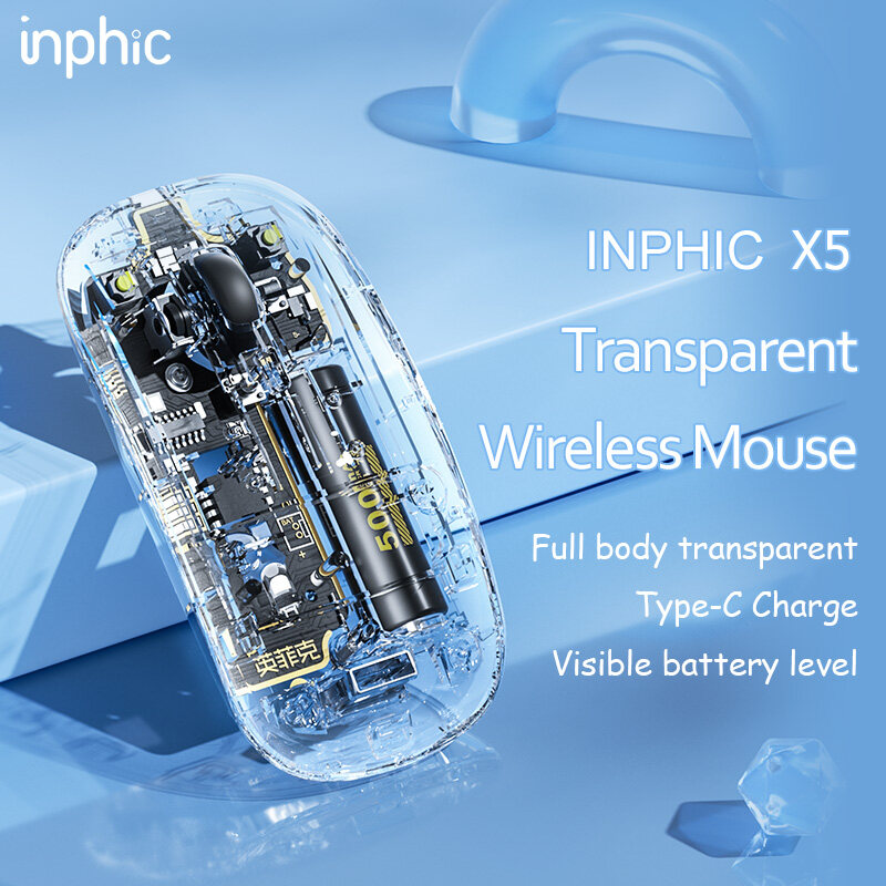 INPHIC X5 2.4G Wireless, Type-C Charging Port, 800/1200/1600 DPI, Transparent Wireless Mouse for Windows and Mac