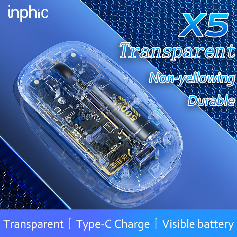 INPHIC X5 2.4G Wireless, Type-C Charging Port, 800/1200/1600 DPI, Transparent Wireless Mouse for Windows and Mac
