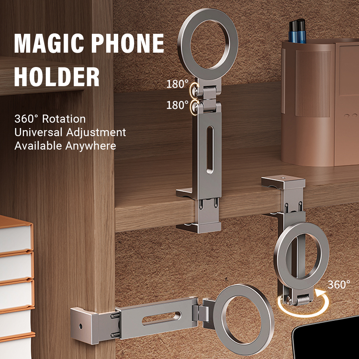 O2W SELECTION BONERUY E01 Magnetic 360-Degree Rotating Desktop Clamp Mount Folding Portable Phone Holder