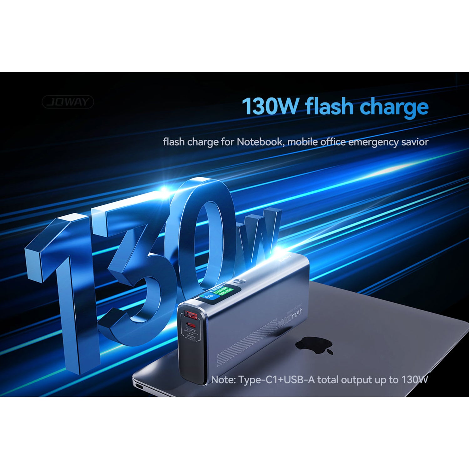 JOWAY Portable Charger, 130W 20000mAh 72Wh Laptop Power Bank  for MacBook Pro, iPad, iPhone 13, Dell XPS and More Smart TFT Color Display Innovative Clock and Alarm Features Temperature Display