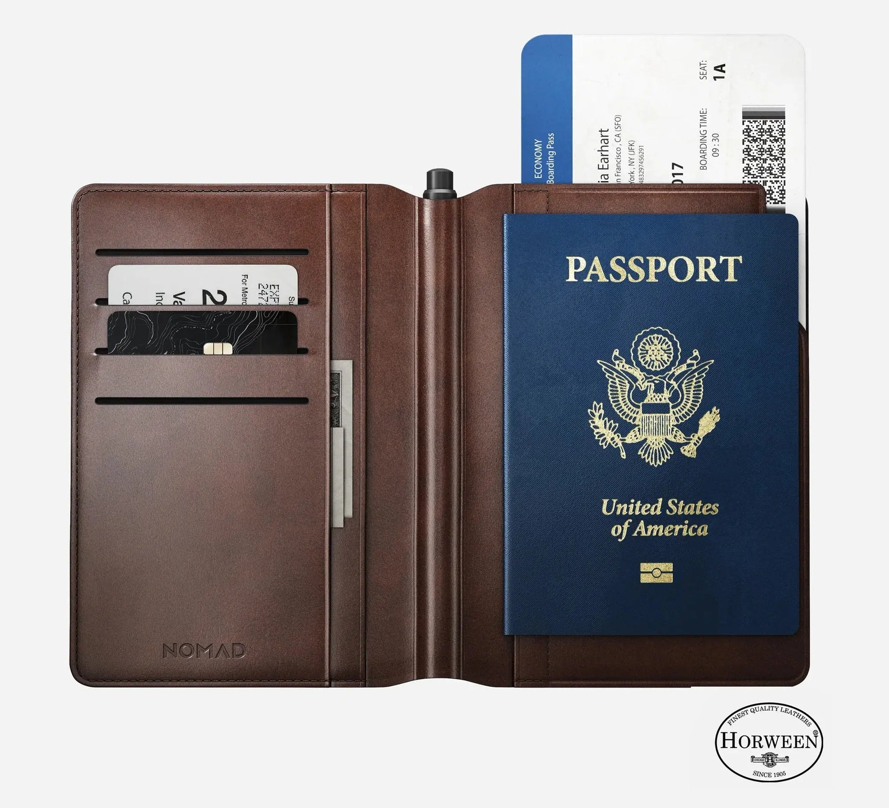 NOMAD Passport Wallet By Horween® Leather Standard / Pen Edition - Premium Travel Wallet with 4 Card Slots, Boarding Pass Holder, 3 Larger Compartments, Quick-Access Flap, and Microfiber Lining