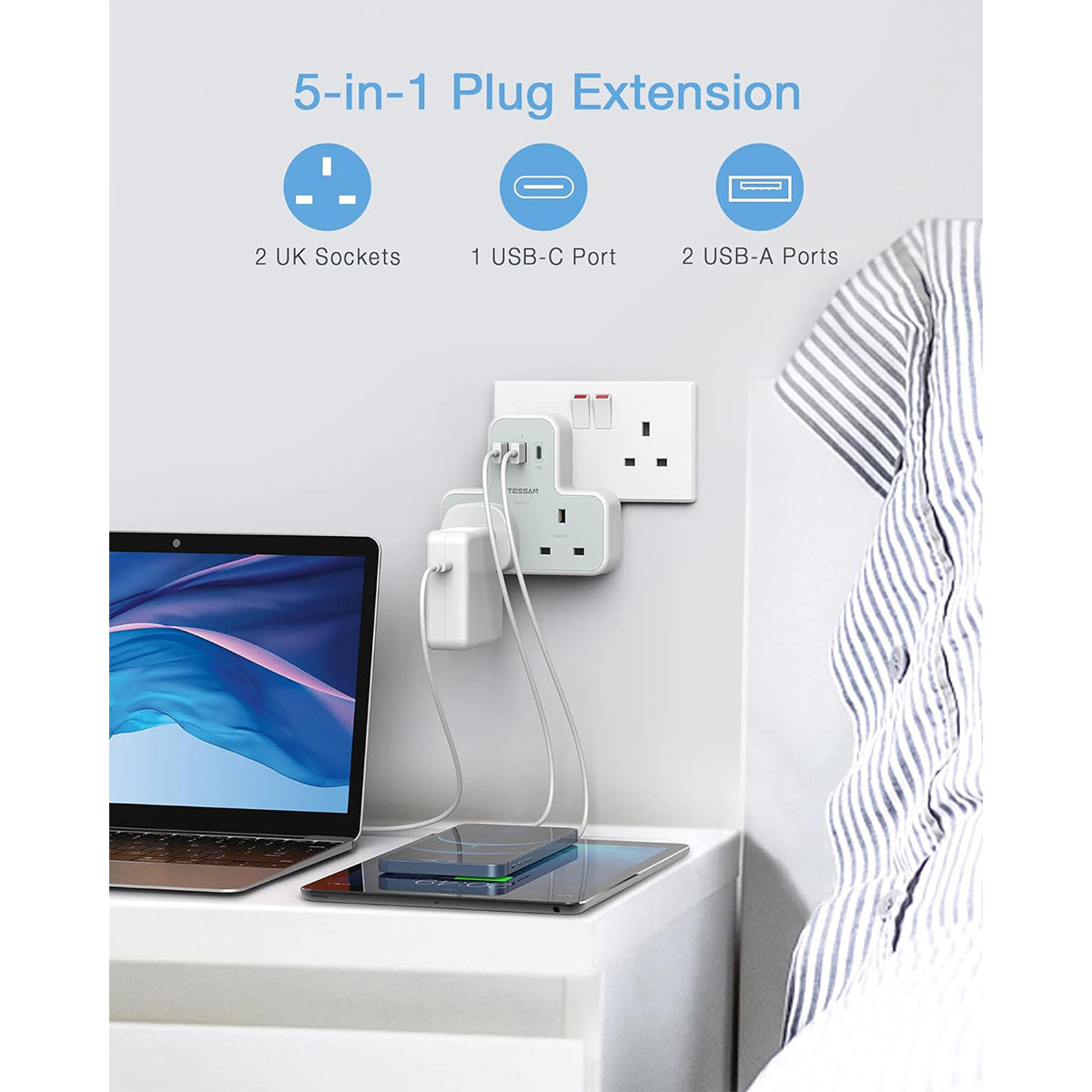 O2W SELECTION TESSAN 5-in-1 Wall Outlet Extender with 2 AC Outlets 2 USB-A 1 Type-C Charging Ports, White