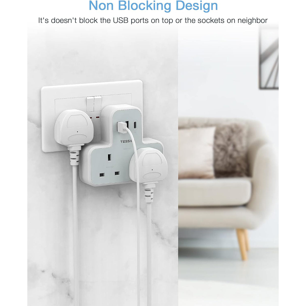 O2W SELECTION TESSAN 5-in-1 Wall Outlet Extender with 2 AC Outlets 2 USB-A 1 Type-C Charging Ports, White