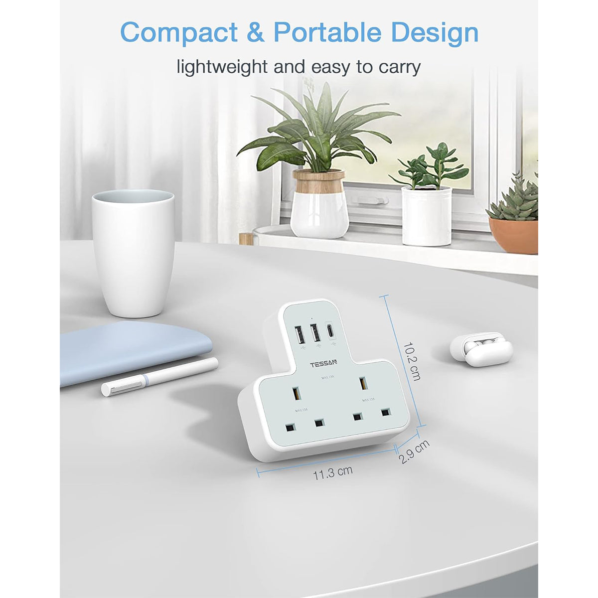 O2W SELECTION TESSAN 5-in-1 Wall Outlet Extender with 2 AC Outlets 2 USB-A 1 Type-C Charging Ports, White