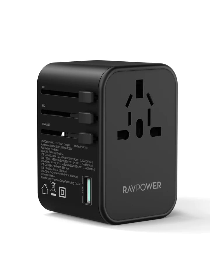 RAVPower RP-PC1035 PD PIONEER 65W 3-Port Travel Charger with 100W C-C Cable