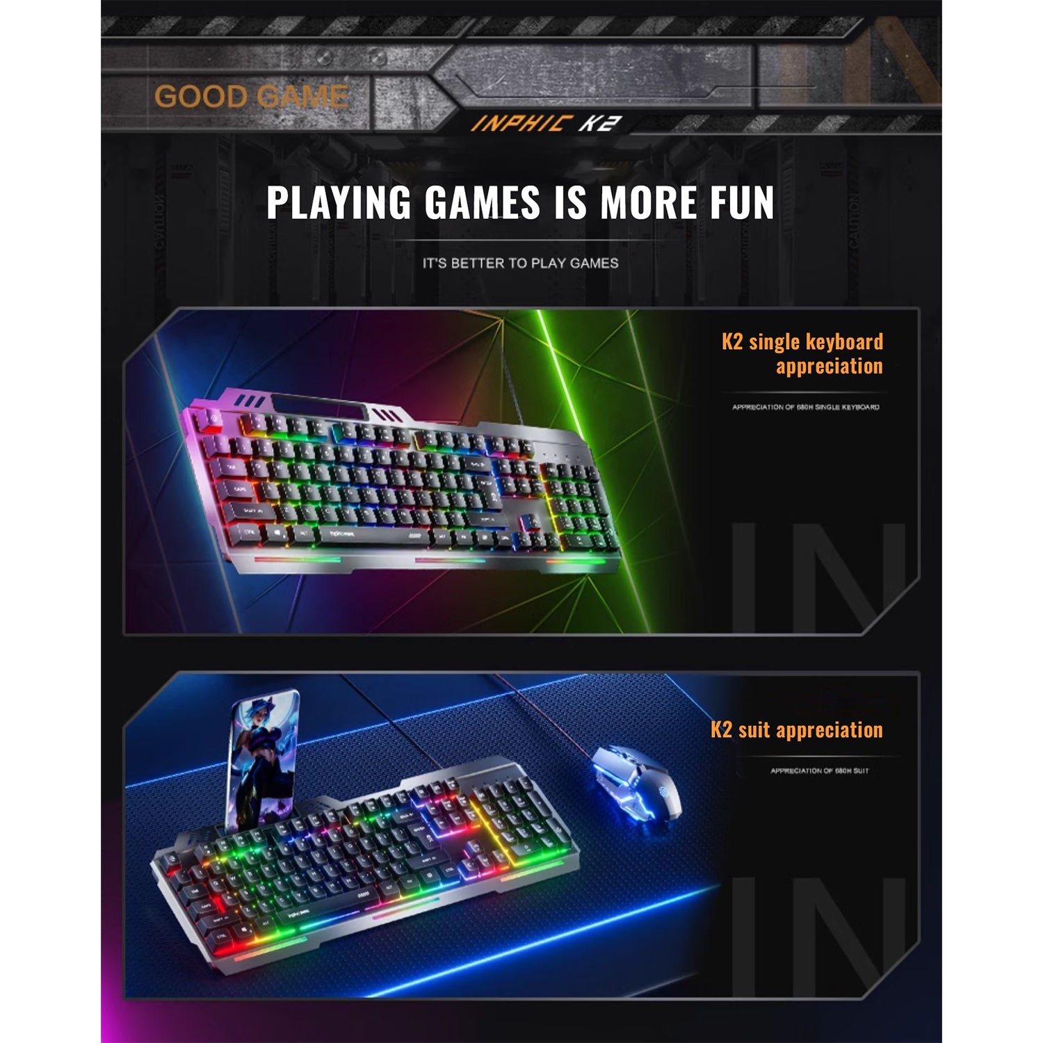 O2W SELECTION INPHIC K2 Metal Weighted For Silence,Game Wired Keyboard