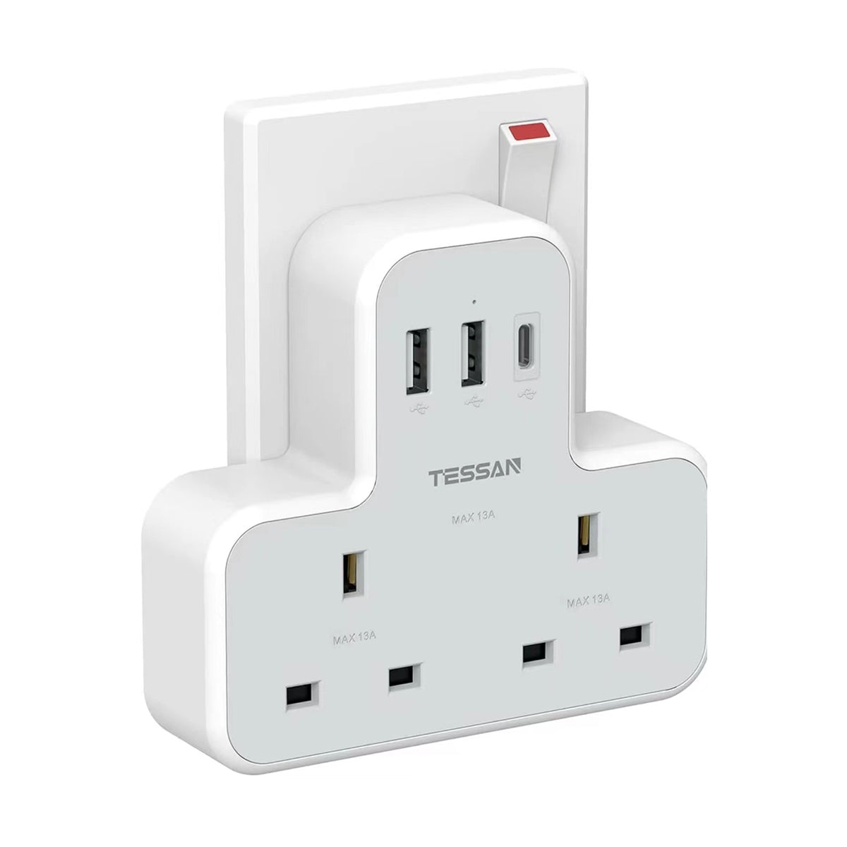 O2W SELECTION TESSAN 5-in-1 Wall Outlet Extender with 2 AC Outlets 2 USB-A 1 Type-C Charging Ports, White