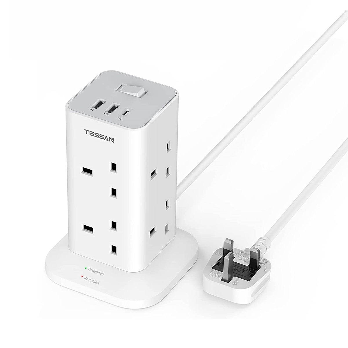 O2W SELECTION TESSAN 11-in-1 Power Strip Tower with 8 AC Outlets 3 USB Ports, White