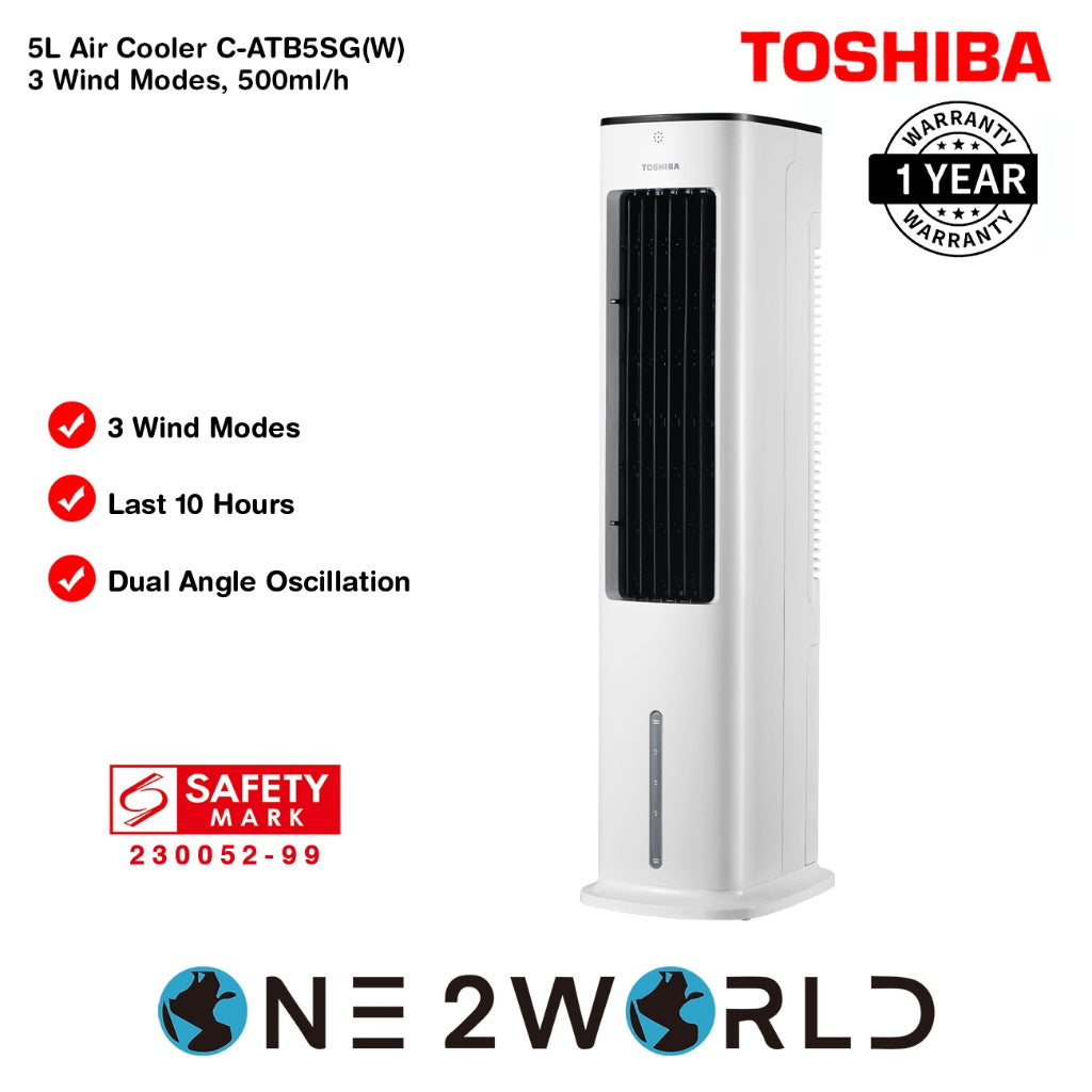 Toshiba 5L C-ATB5SG(W), Air Cooler, Operates as low as 52dB, 3 Wind Modes, 500ml/h, Last 10 hours all night