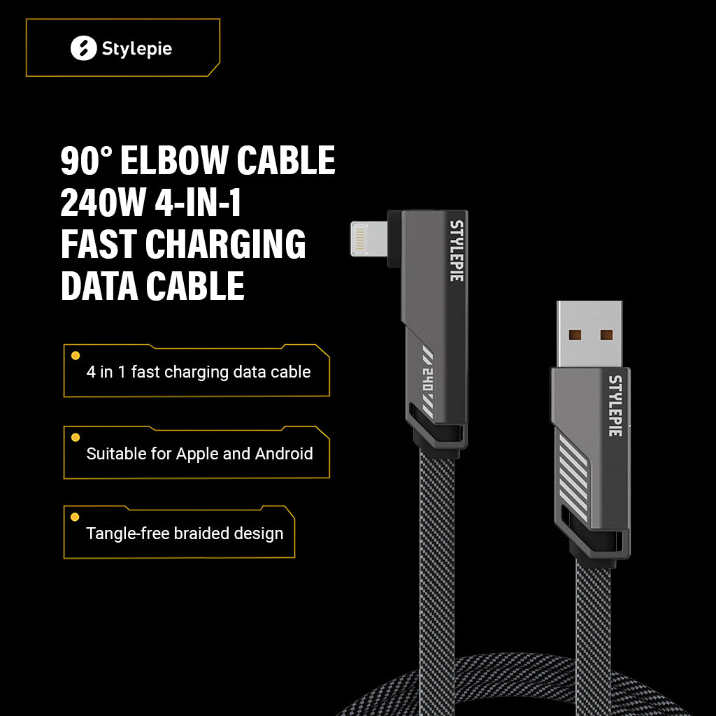 STYLEPIE C67-C Right-Angle 4 in 1 Fast Charging L Shaped Cable-Lightning 1.5m, Grey