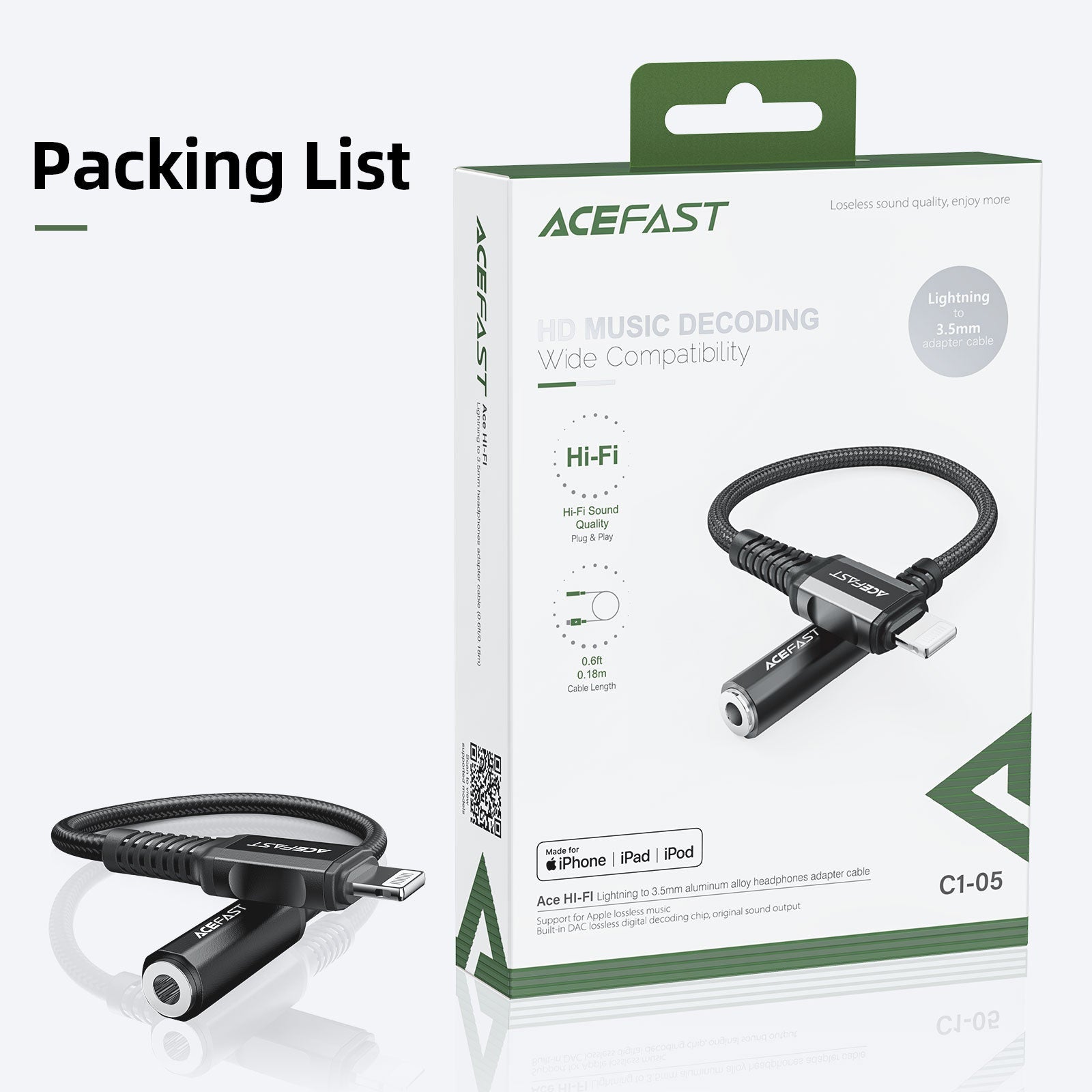 ACEFAST C1-05 Lightning To 3.5mm Aluminum Alloy Headphones Adapter Cable ONE2WORLD 