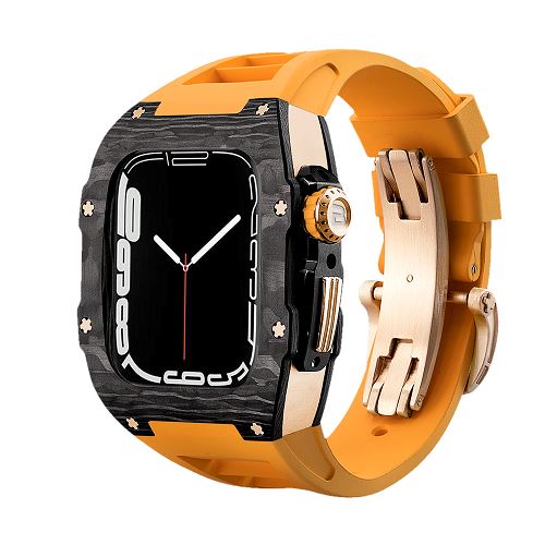 BUTTERCASE Apple Watch 45mm/44mm Carbon Fiber Titanium Wristband Case Black/Silver/Gold Titanium Shell with Fluoroelastomer Strap ONE2WORLD Orange Strap (Gold) 