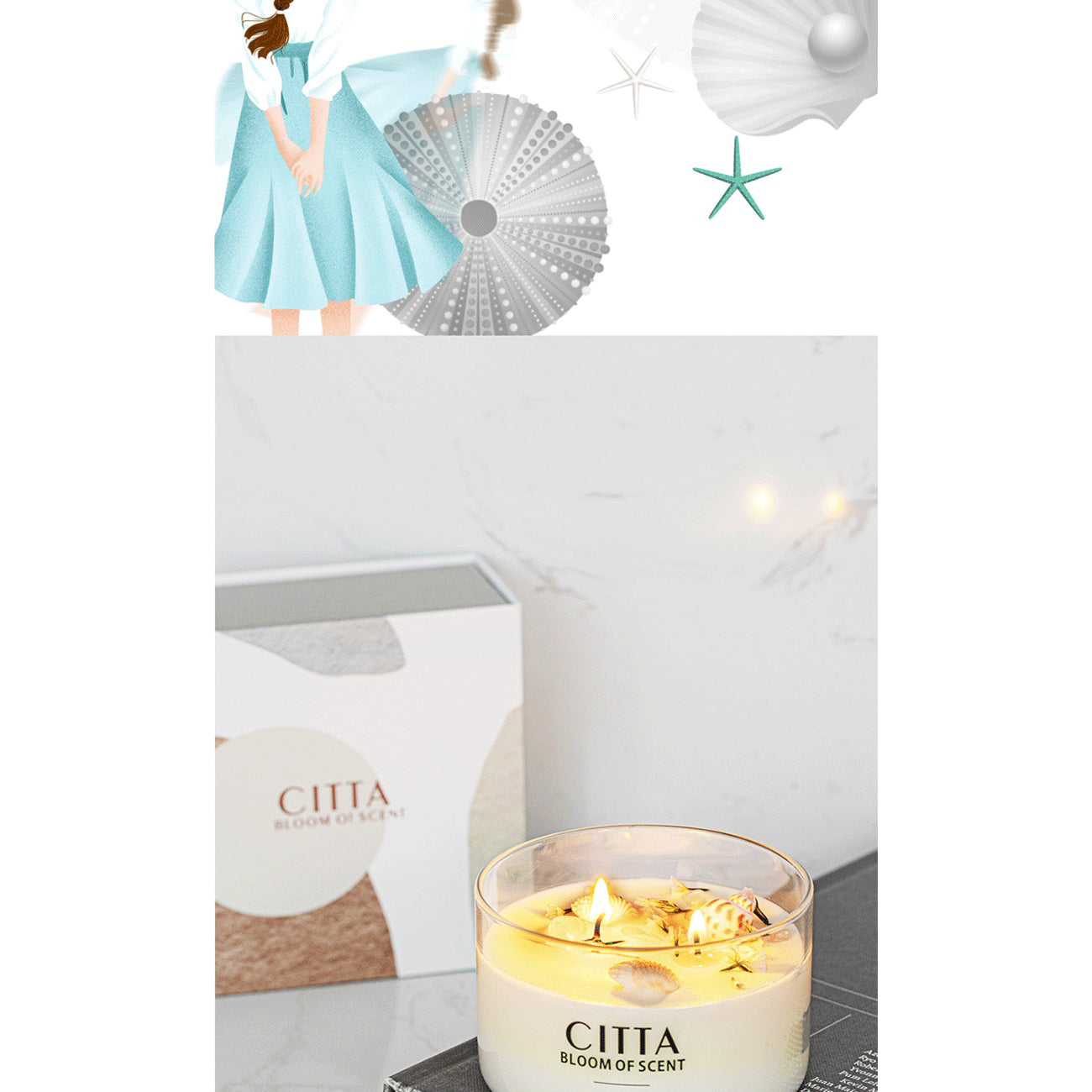 CITTA Simple White Series Scented Candle with Dry Flower and Shell 220G Scented Candle CITTA 