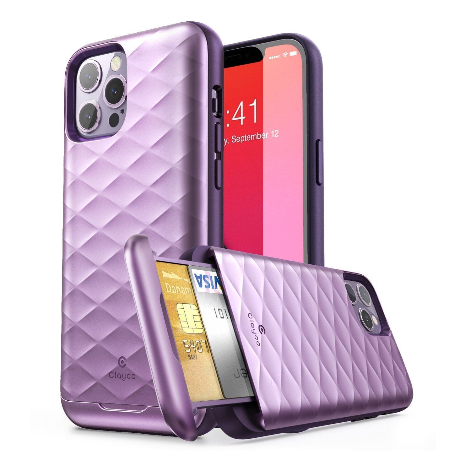 Clayco Argos Series Hybrid Protective Wallet Case for iPhone 12 Pro Max 6.7"/ 12/12 Pro 6.1"(2020) Built-in Credit Card/ID Card Slot, Black iPhone 12 Series Clayco iPhone 12 Pro Max 6.7" Purple 