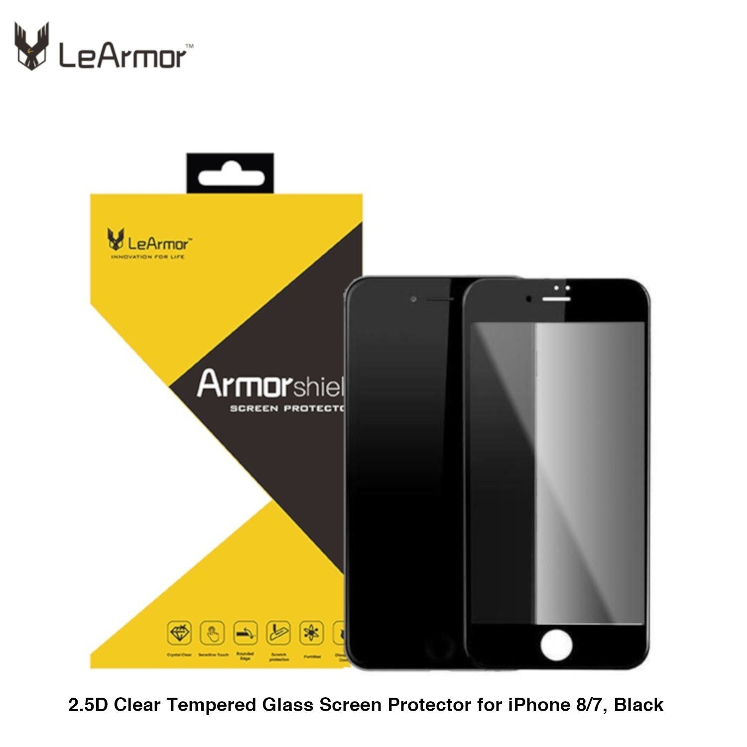 LeArmor 2.5D Clear Tempered Glass Screen Protector for iPhone 8/7, Black Tempered Glass LeArmor Black 