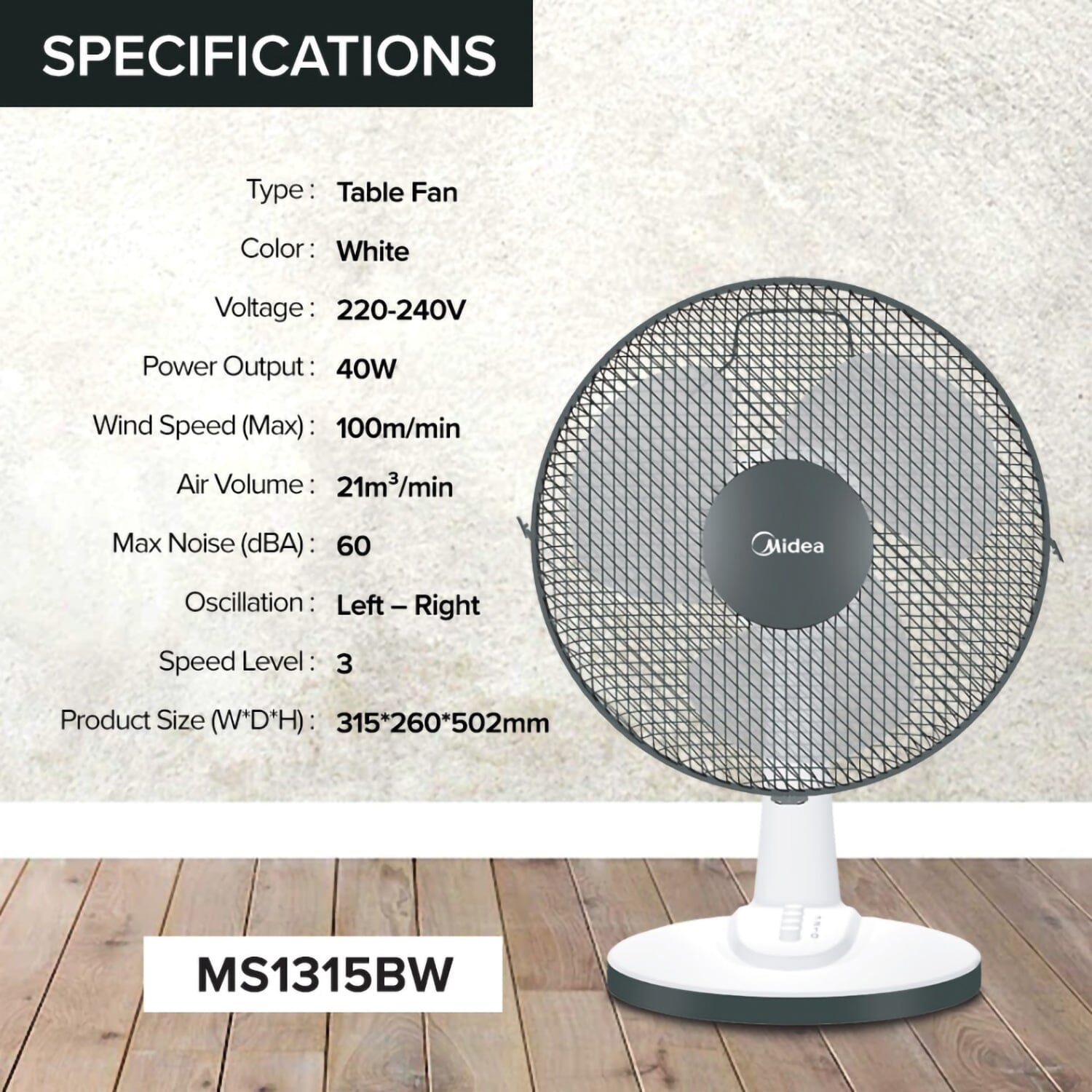Midea 12 Inches MS1315BW Table Fan Fan Toshiba 