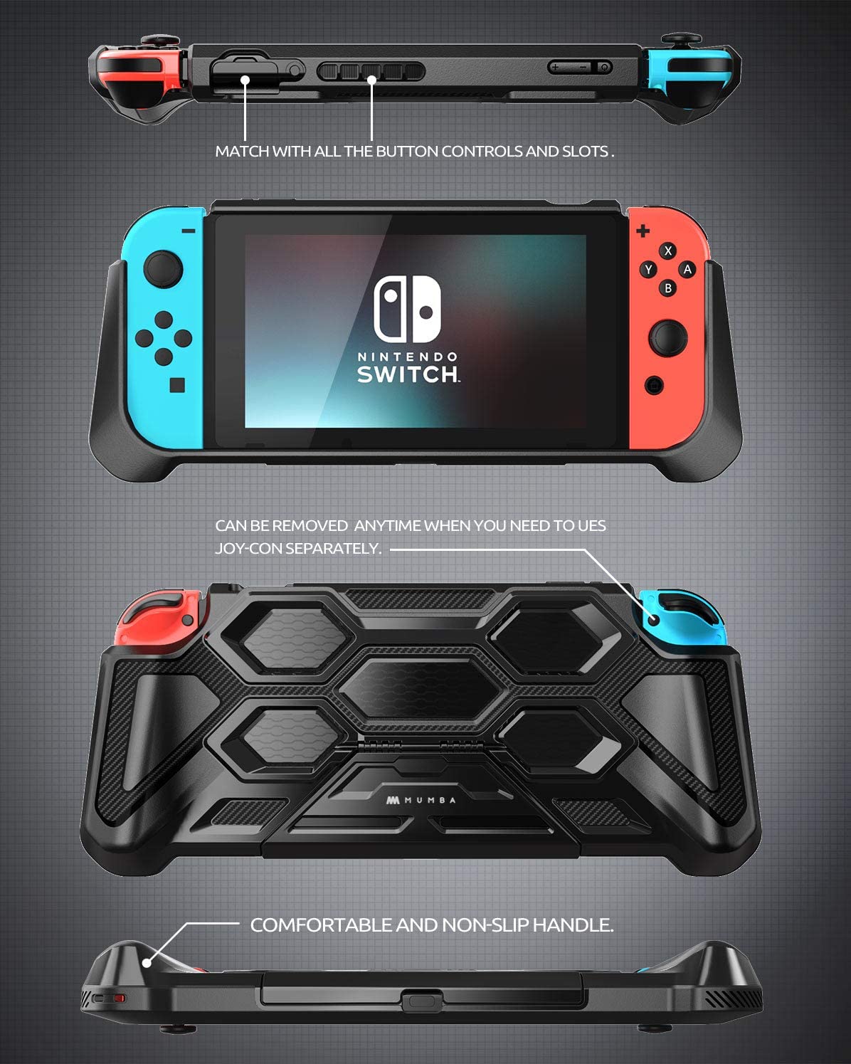 Mumba Battle Series Heavy Duty Grip Case for Nintendo Switch with Kickstand, Black Nintendo Switch Case Mumba 