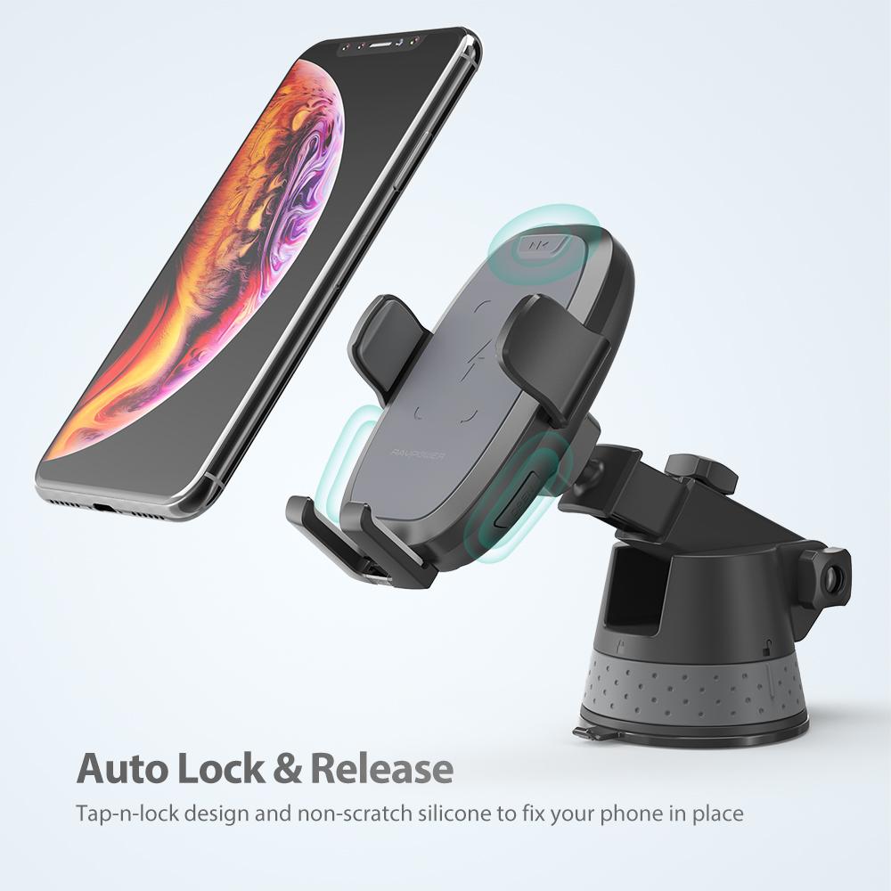 RAVPower Vehicular 10W Wireless Charger Auto Lock & Release Car Mount/Car Holder with Suction Base, Black(RP-SH014) Charger RAVPower 