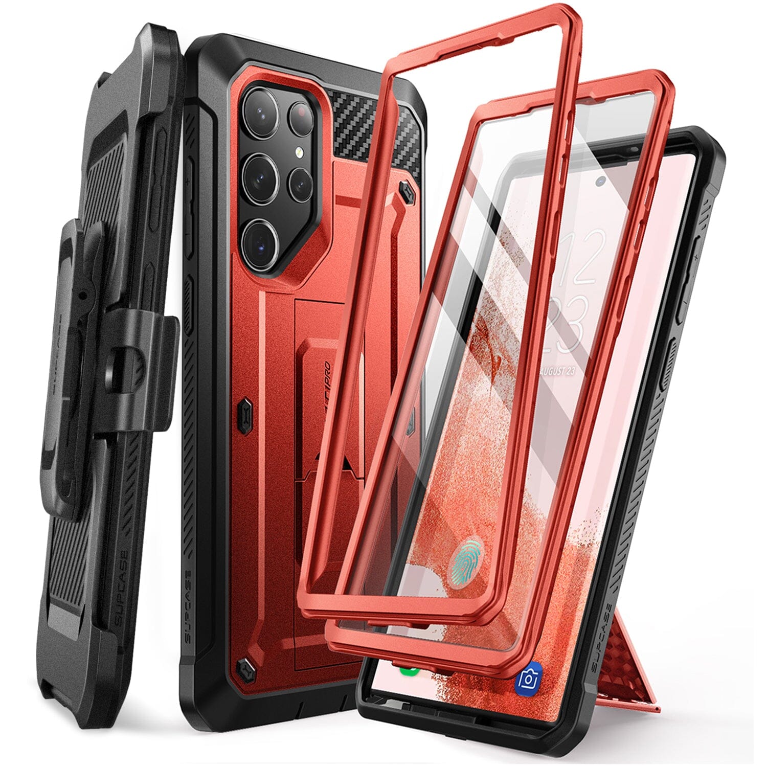 SUPCASE Unicorn Beetle Pro Case for Samsung Galaxy S23 Ultra 5G (2023 Release), [Extra Front Frame] Full-Body Dual Layer Rugged Belt-Clip & Kickstand Case with Built-in Screen Protector ONE2WORLD Metallic Red 