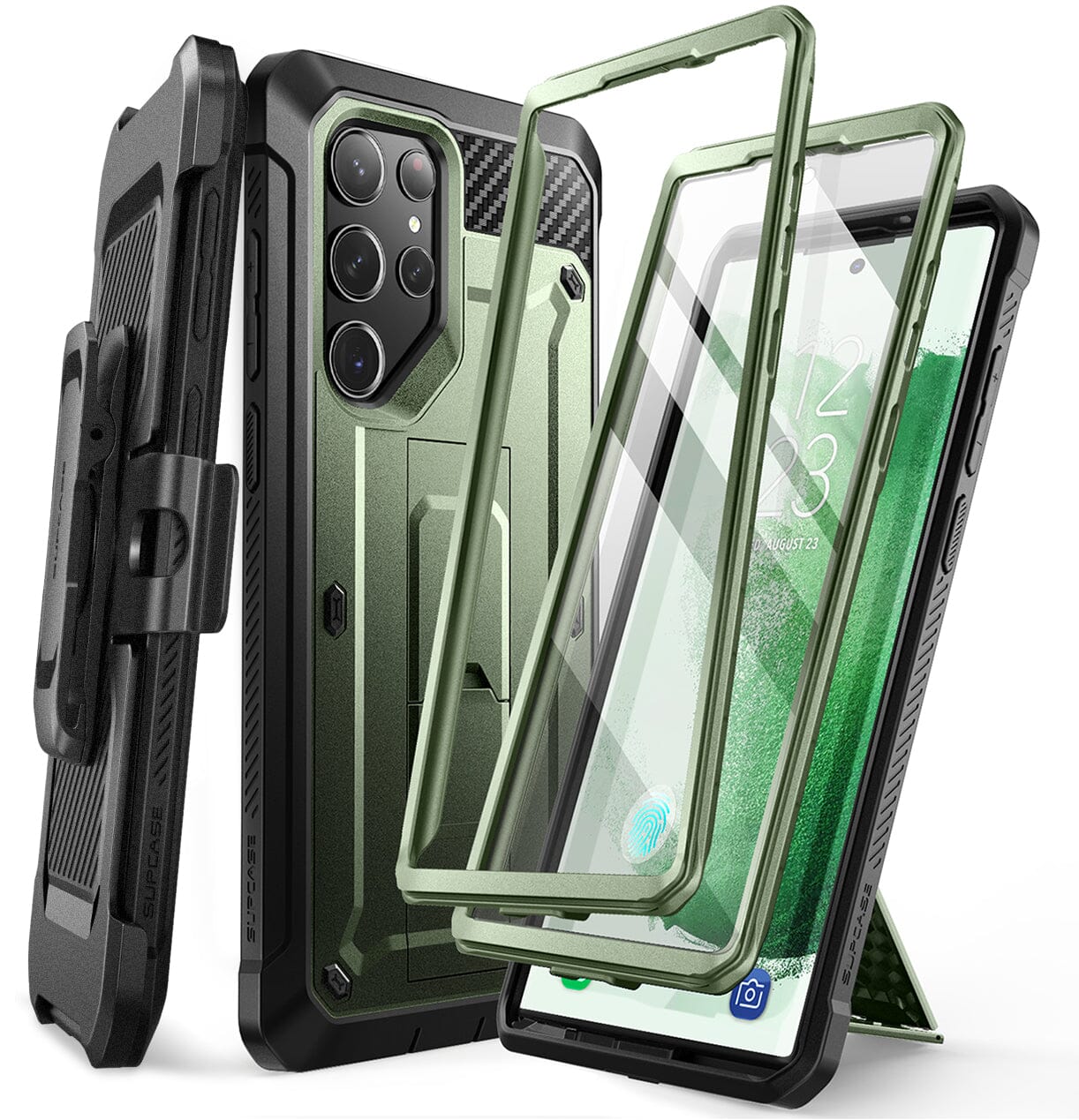 SUPCASE Unicorn Beetle Pro Case for Samsung Galaxy S23 Ultra 5G (2023 Release), [Extra Front Frame] Full-Body Dual Layer Rugged Belt-Clip & Kickstand Case with Built-in Screen Protector ONE2WORLD Dark Green 