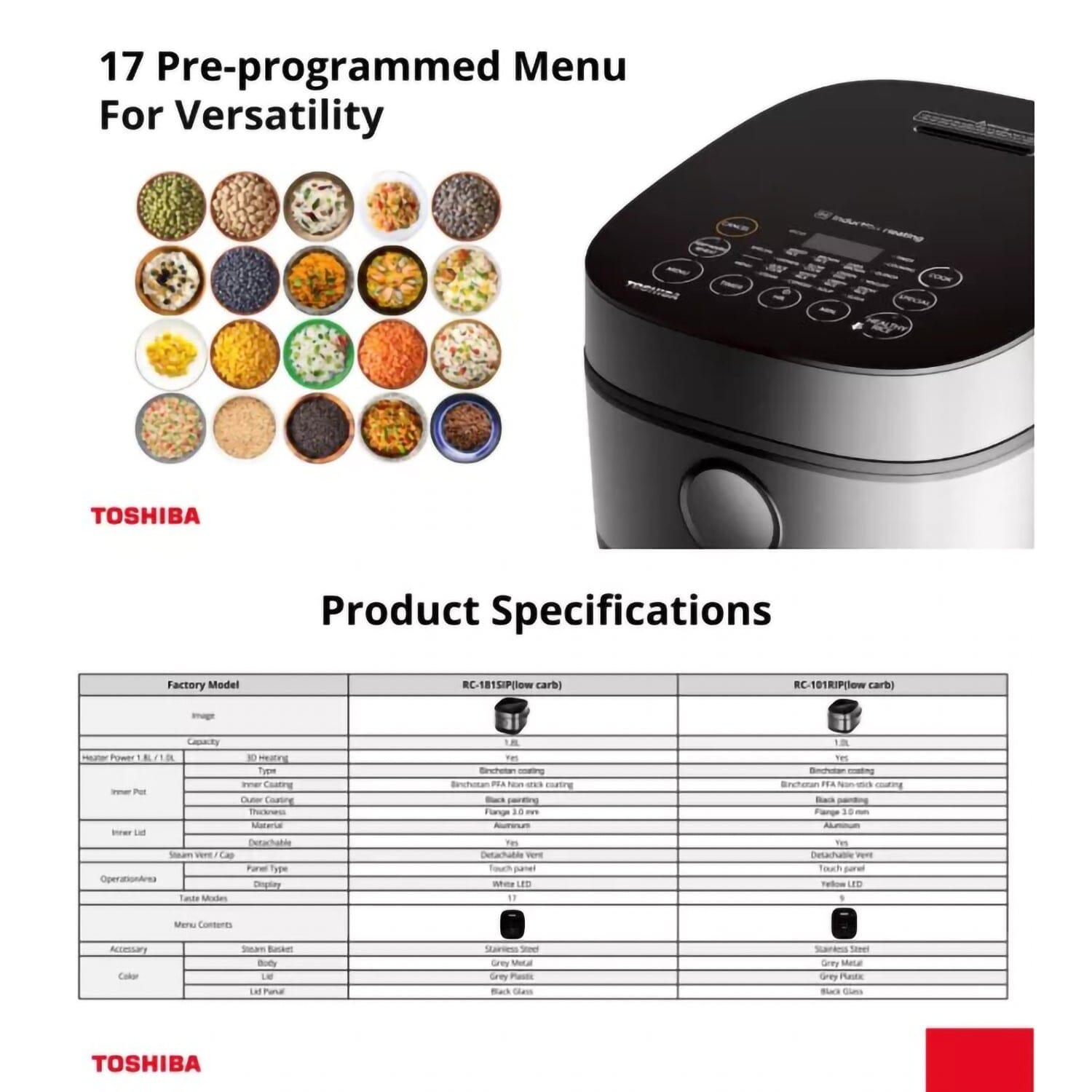 Toshiba 1L/1.8L Low GI Rice Cooker, Aluminum 3mm 7-layer Inner Pot Low GI Rice Cooker,Black Toshiba 