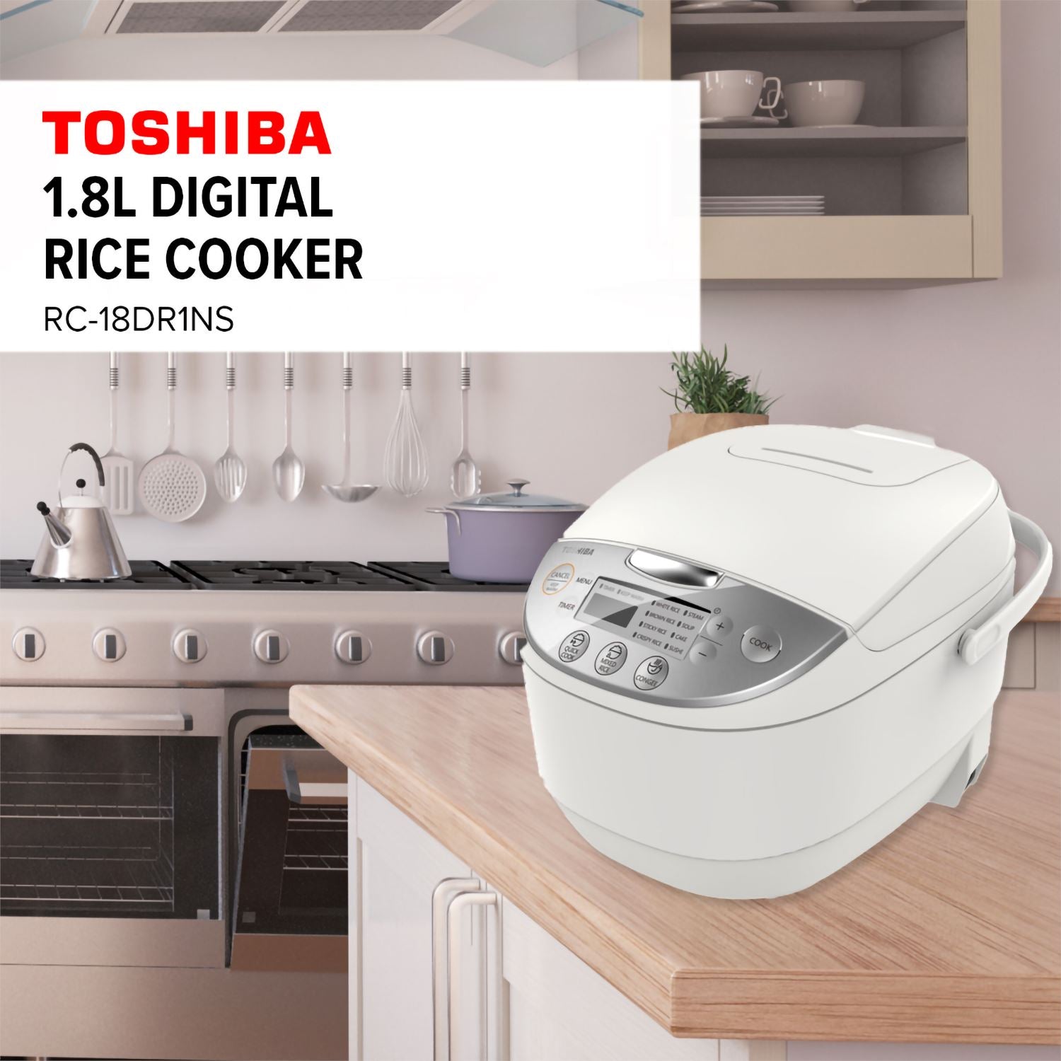Toshiba 1L/1.8L Rice Cooker, Unique T4.0 mm Copper Forged Pot Digital Rice Cooker,White Toshiba 