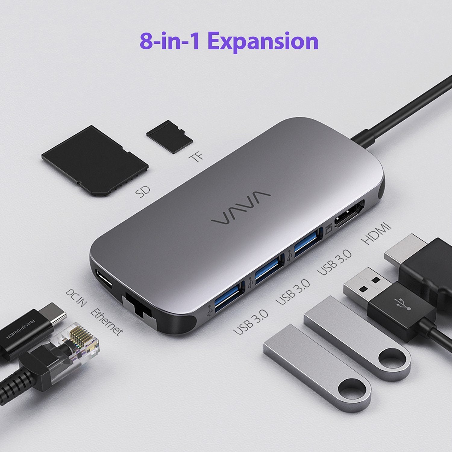 VAVA VA-UC006 8 in 1 USB C Hub Adapter with 4K HDMI, 1Gbps RJ45 Ethernet Port, USB 3.0, SD/TF Card Reader, Gray Default VAVA 