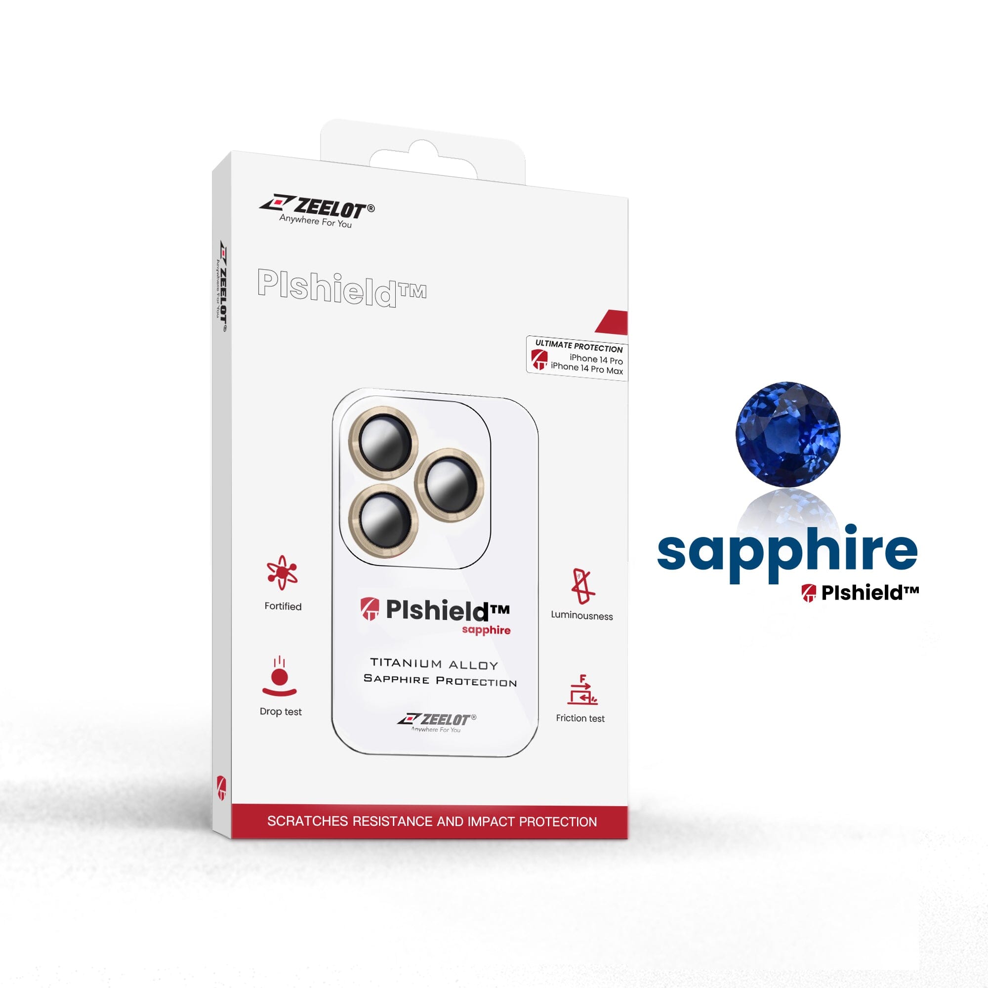 ZEELOT PIshield Sapphire Titanium Alloy Lens for iPhone 14 Series ONE2WORLD Gold iPhone 14 Pro 6.1"/14 Pro Max 6.7" 